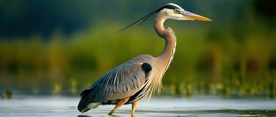 Poster - A great blue heron stands gracefully in a serene wetland environment.