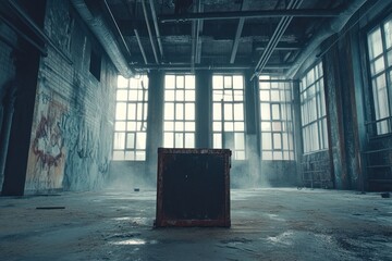 Poster - A desolate industrial space with a solitary box amidst large windows and a misty atmosphere.