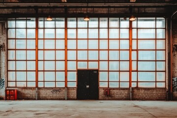 Aufkleber - A spacious industrial interior featuring large windows and a dark door.