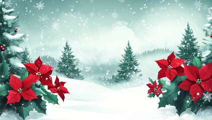 Poster - Winter landscape with snow-covered trees and vibrant poinsettia flowers in a serene festive setting