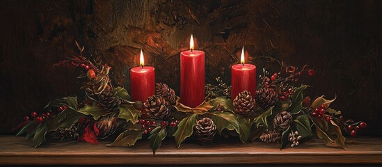 Wall Mural - Festive Advent wreath with three glowing red candles and natural elements on a rustic wooden background creating a warm holiday atmosphere