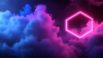 Aufkleber - A vibrant hexagonal neon frame set against colorful clouds, creating a digital atmosphere.