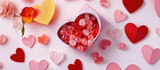 Sticker - Valentine's Day decor featuring heart-shaped gummies and paper hearts in a heart-shaped box for a romantic gift and card celebration