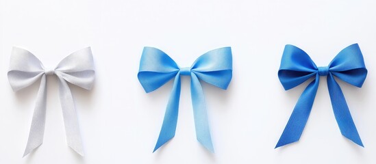 Wall Mural - Collection of three foldable tape bows in gray and blue variations on a white background for gift wrapping and decoration concepts