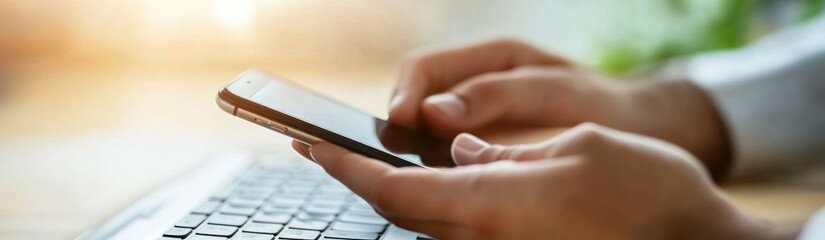 Poster - A person using a smartphone while sitting at a desk with a keyboard.