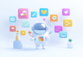 Poster - A playful astronaut juggling art tools amidst colorful icons representing creativity and design.