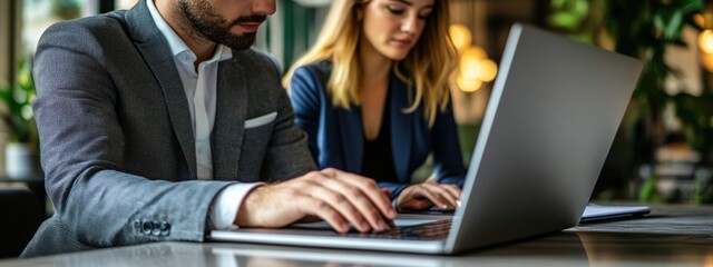 Poster - Two professionals working on laptops in a modern office setting.