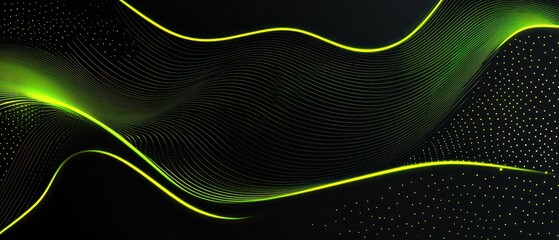 Poster - Abstract green wave design with lines and dots on a dark background.