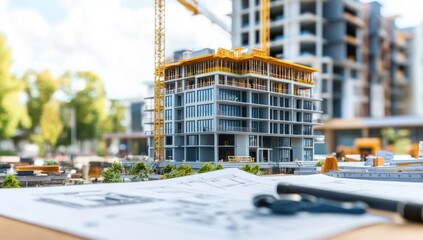 Poster - A construction site with a model building and architectural plans.