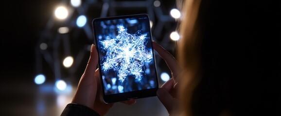 Poster - A person holds a tablet displaying a vibrant, intricate digital snowflake design.