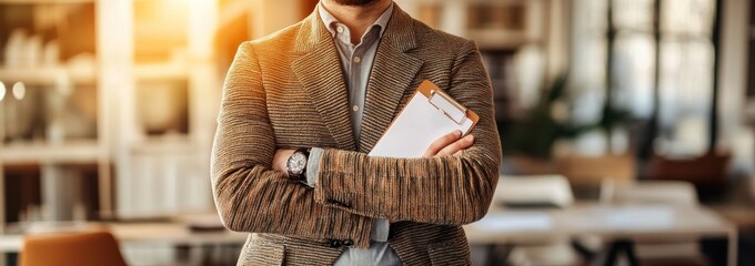 Poster - A man in a blazer stands confidently with a clipboard in a modern workspace.