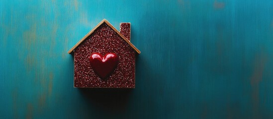 Sticker - Wooden model house with red glitter heart on blue background representing love and home concepts in creative flat lay photography