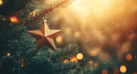 Poster - Golden star ornament hanging on a Christmas tree with warm bokeh lights in the background during holiday season