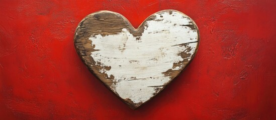 Rustic wooden heart with white paint texture on vibrant red background symbolizing love and affection for backgrounds or greeting cards