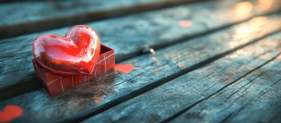 Sticker - Red heart in gift box on rustic wooden surface with scattered heart shapes for romantic or gifts concept.