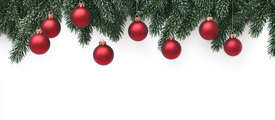 Sticker - Red Christmas ornaments hanging on a pine branch creating a festive holiday atmosphere on a clean white background for winter celebrations