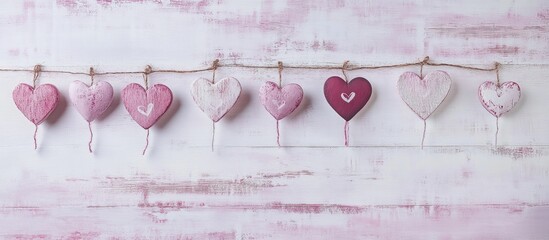 Sticker - Valentine's Day backdrop with crafted hearts hanging on twine against a wooden background for seasonal decoration and creative projects