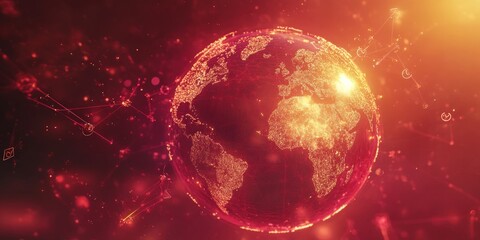 Aufkleber - A digital representation of Earth with a glowing, red overlay and network connections.