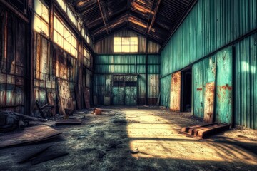 Poster - An abandoned industrial space with rusted walls and sunlight streaming through windows.