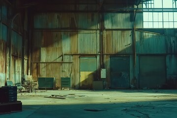 Poster - A spacious, abandoned industrial warehouse with rusted walls and scattered debris.