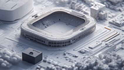 Poster - A detailed architectural model of a stadium, showcasing its design and surrounding features.