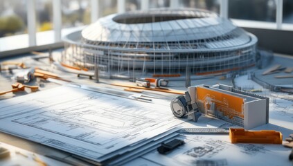 Aufkleber - Architectural model showcasing a stadium with blueprints and construction tools.