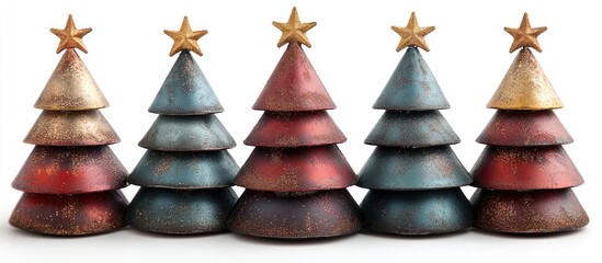 Wall Mural - Decorative metal Christmas tree ornaments in festive colors arranged against a crisp white background for holiday-themed design concepts