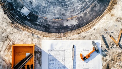 Poster - Aerial view of construction plans and tools on a building site.