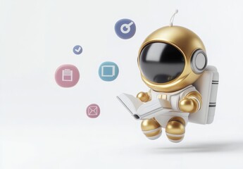 Poster - A gold astronaut character reading a book with floating icons representing tasks and communication.