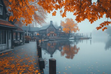 Wall Mural - Fog covering lake in the spreewald biosphere reserve during autumn