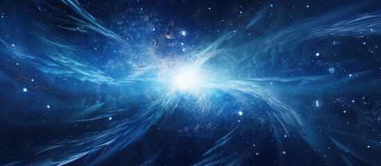 Abstract cosmic explosion with vibrant blue tones representing outer space and travel in a zooming effect backdrop. Perfect for sci-fi themes.