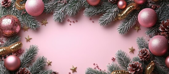 Wall Mural - Festive flat lay of pine branches pink ornaments shiny stars and gold serpentine on a soft pastel background with empty space for text