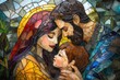 © Lubos Chlubny - Holy family embracing in stained glass window, depicting love and unity