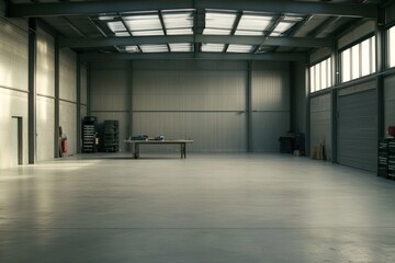 Poster - A spacious industrial interior with a worktable and minimal furnishings.