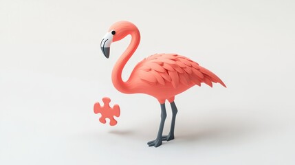 Poster - A stylized pink flamingo stands beside a puzzle piece on a light background.