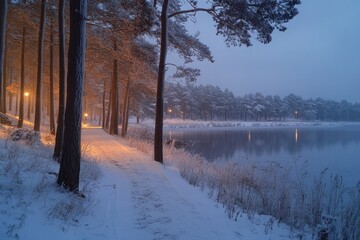 Wall Mural - Snowy path illuminating winter wonderland by the lake at twilight