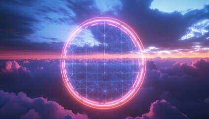 Poster - A glowing circular grid structure amidst colorful clouds at sunset.