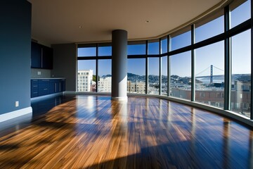 Poster - Modern interior with large windows offering a scenic view of a bridge and cityscape.