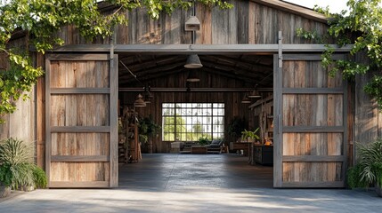 Poster - Large sliding barn doors opening into rustic workshop interior