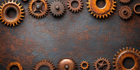 Leinwandbilder - Rusty gears creating a frame on a metallic background