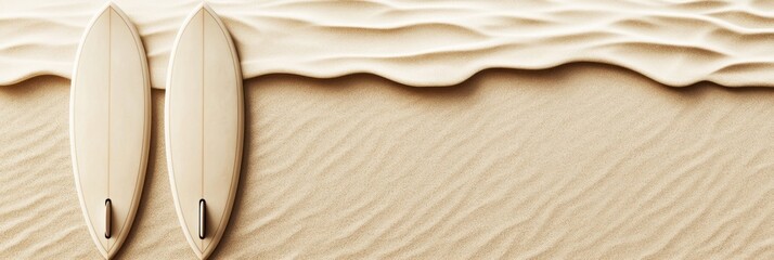 Poster - Two surfboards resting on a sandy beach with gentle waves in the background.
