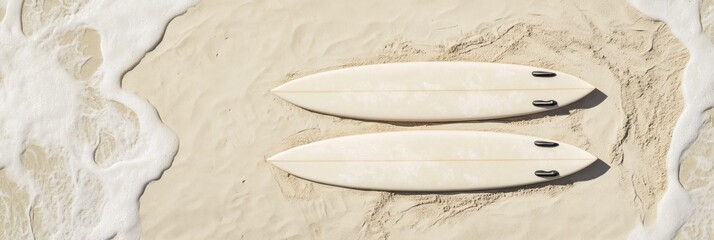 Poster - Two surfboards resting on sandy beach with gentle waves.