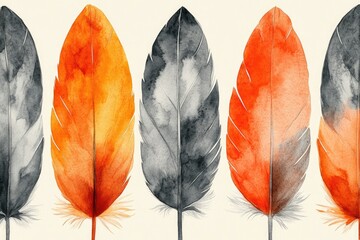 Poster - Watercolor seamless pattern with orange and grey feathers floating gently