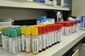 Poster - Medical test tubes holding blood and urine samples in laboratory
