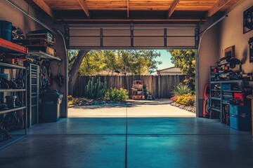 Poster - A spacious garage with tools and a view of a landscaped backyard.