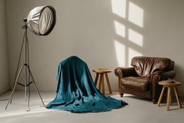 Poster - A cozy interior scene featuring a draped object, a light source, and a leather armchair.