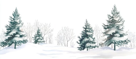 Wall Mural - Winter snow landscape with evergreen trees on a white background depicting a serene Christmas holiday theme