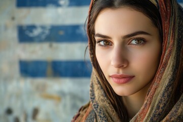 Young refugee woman wearing headscarf looking at viewer with hopeful expression