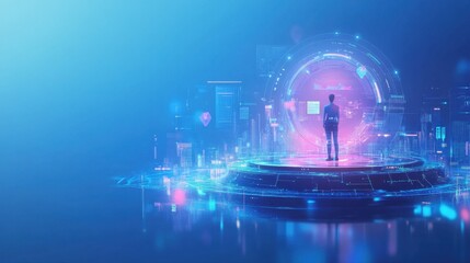 Poster - Futuristic Digital Interface Representing Technology and Innovation with an Individual Standing in a Vividly Lit Virtual Environment