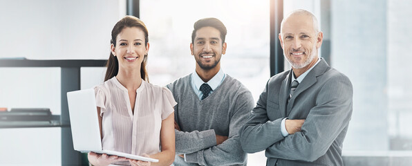 Aufkleber - Business people, portrait and office with laptop, digital consultant and agency staff success. Happy, smile and professional group with about us, confidence and pride together with work diversity